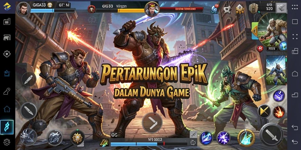 Tangkapan layar utama GIGA33 menunjukkan karakter-karakter bertarung di arena yang menegangkan.