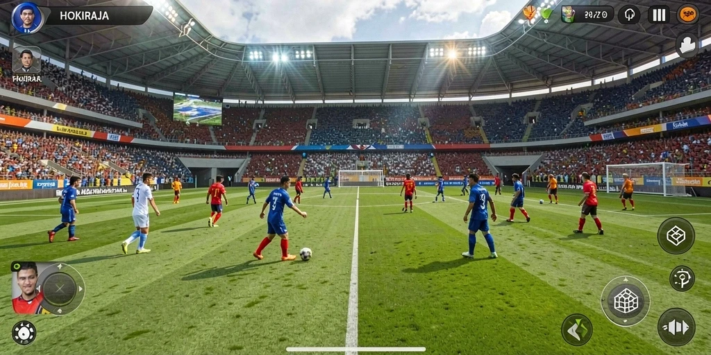 Tampilan gameplay HOKIRAJA menampilkan pertandingan sepak bola yang mendebarkan.