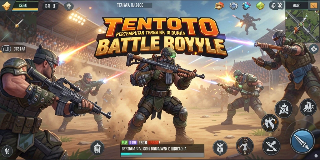 Screenshot TENTOTO menampilkan aksi pertempuran yang mendebarkan di arena Battle Royale.