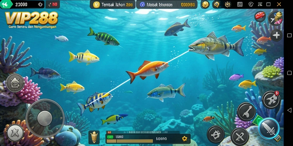 Tampilan gameplay VIP288 yang menawan menunjukkan aksi menembak ikan.